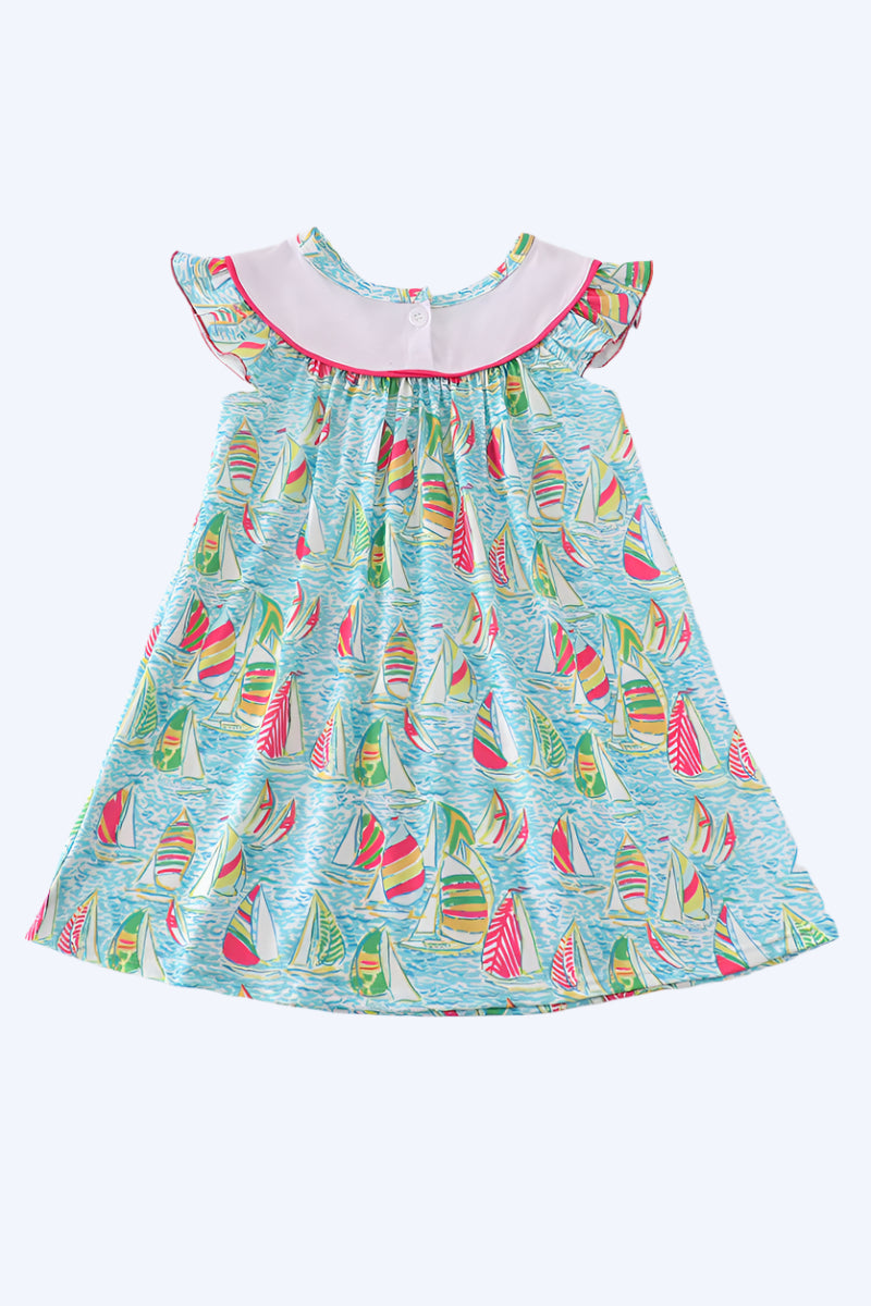 GREEN SAILBOAT I LOVE MOM EMBROIDERY GIRL DRESS