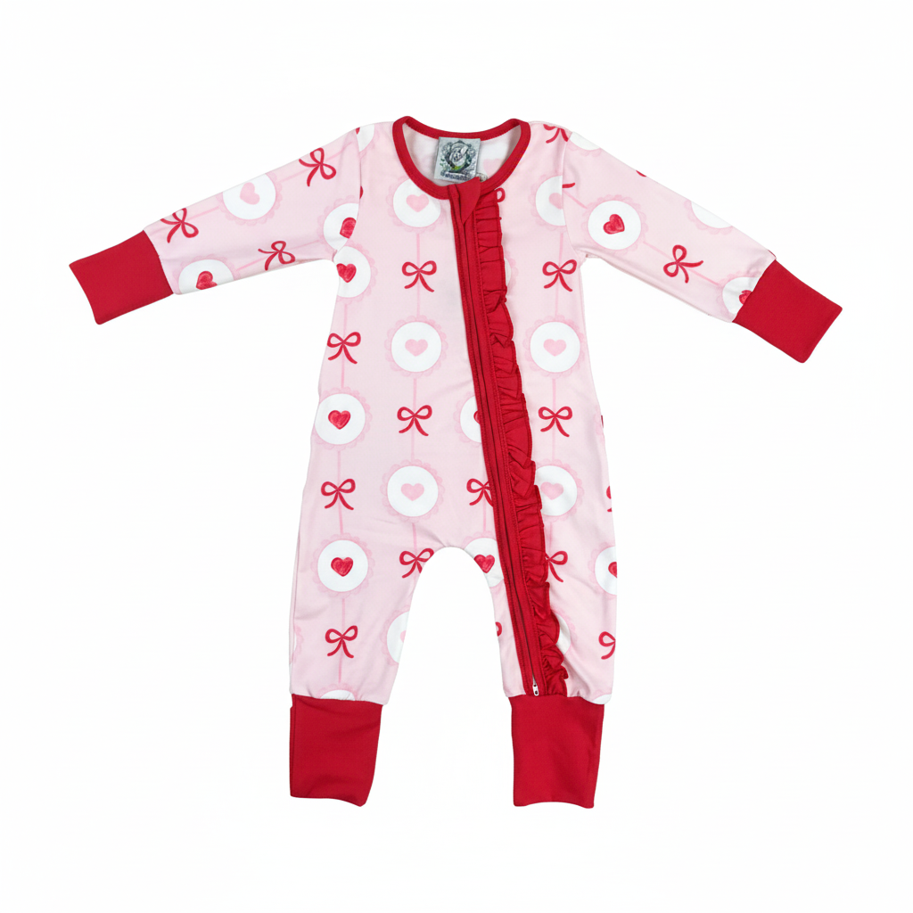 Front view of pink Valentine's Day heart and bow girl zippy romper featuring a full-length red ruffled zipper.