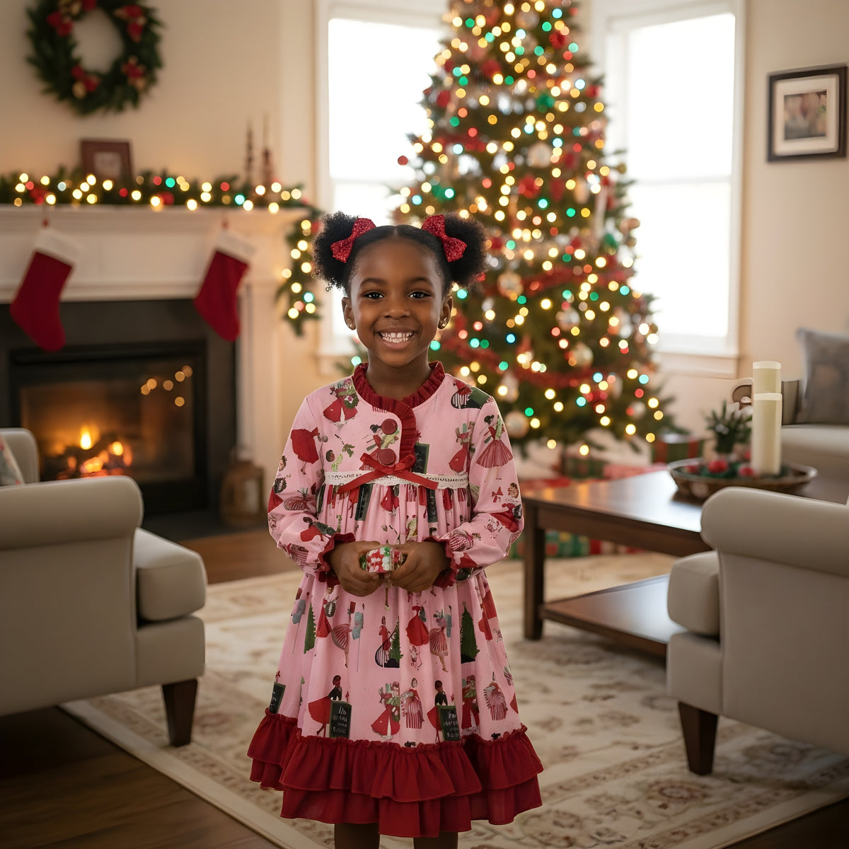 Little girl posing in the vintage 50s Christmas ladies pink ruffled nightgown next to a lit Christmas tree.