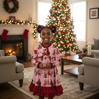 Little girl posing in the vintage 50s Christmas ladies pink ruffled nightgown next to a lit Christmas tree.
