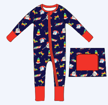 Navy boys zippy romper with red trim featuring vintage 80s 90s toys like telephones and xylophones.