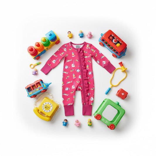 Pink 80s 90s retro toys girls zippy romper flat lay surrounded by nostalgic vintage classic children toys.