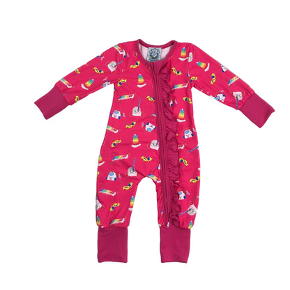 Pink vintage 80s 90s toys girls zippy romper with ruffle zip detail flat lay product photo on white background.