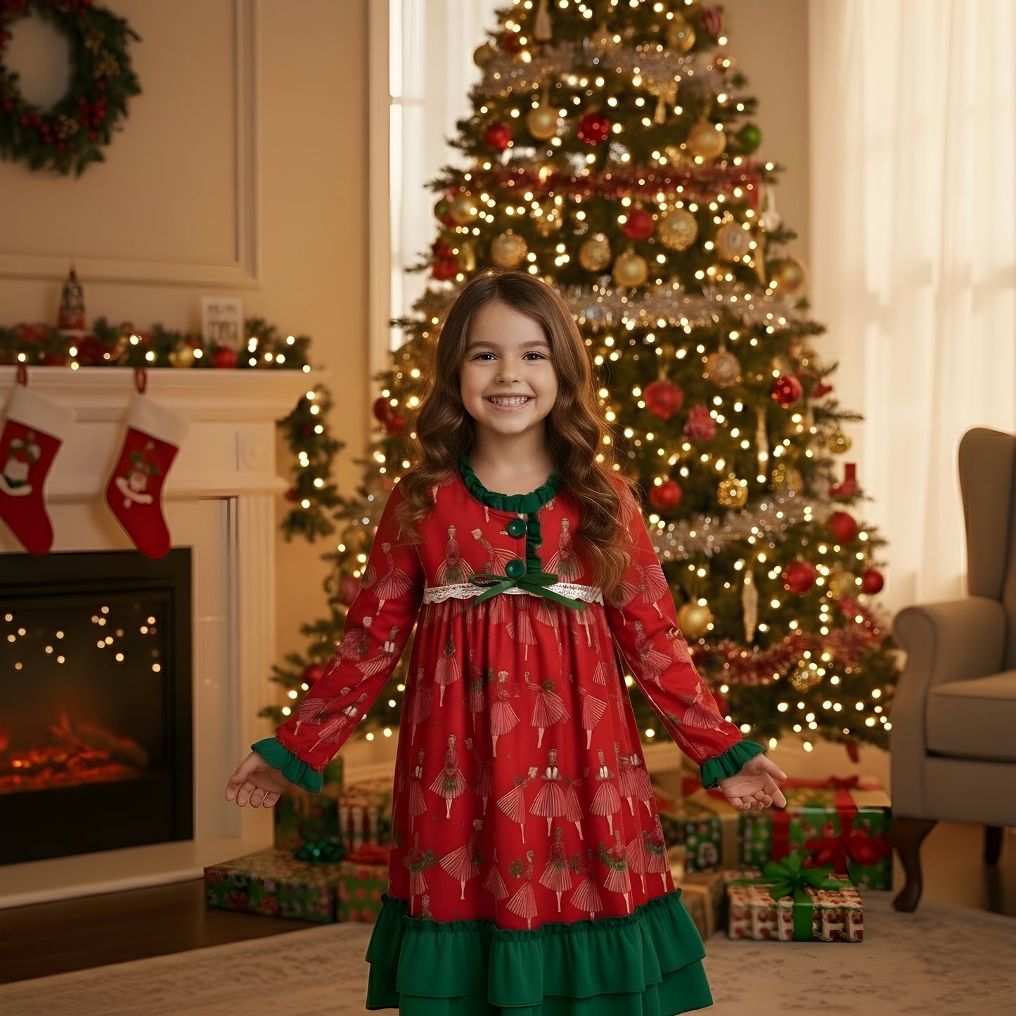 Girl wearing Vintage Christmas Lady Icons long sleeve nightgown with green ruffle trim in front of Christmas tree.