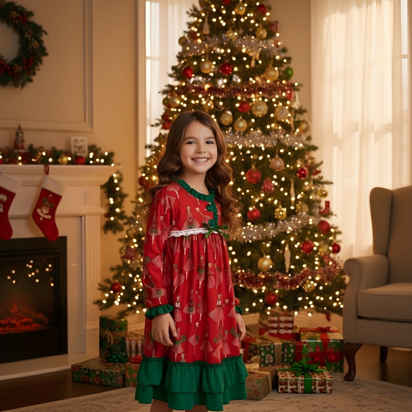 Side view of girl wearing red Vintage Christmas Lady Icons nightgown with green hem ruffle beside festive holiday tree.