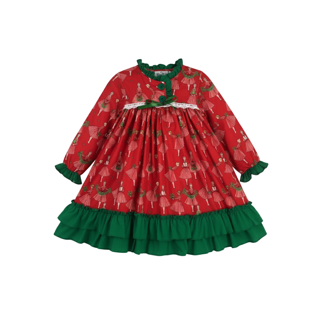 Front product shot of red Vintage Christmas Lady Icons girls holiday nightgown with green ruffle trim on white backdrop.