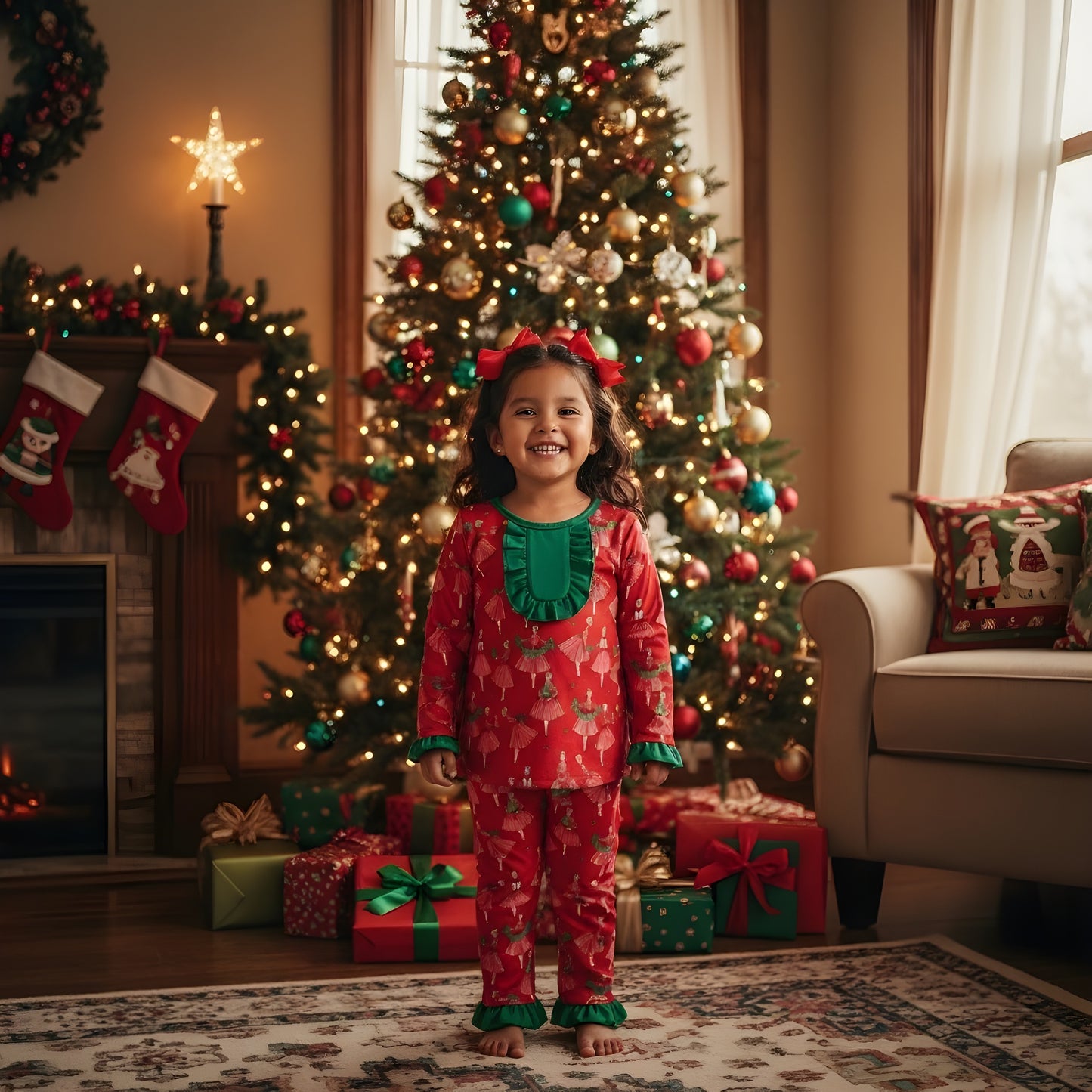 Happy young girl with red bow wearing vintage Christmas lady icons red pajama set by festive fireplace.