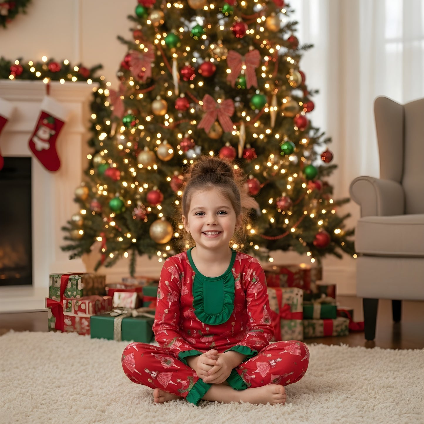 Smiling girl sitting cross-legged wearing vintage Christmas lady icons red pajama set with green ruffles.