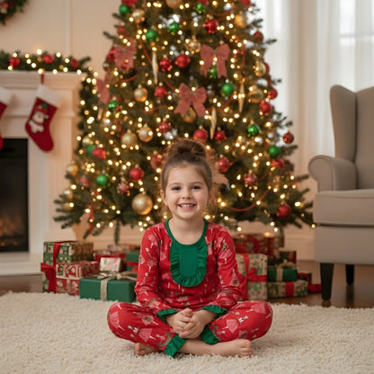 Smiling girl sitting cross-legged wearing vintage Christmas lady icons red pajama set with green ruffles.