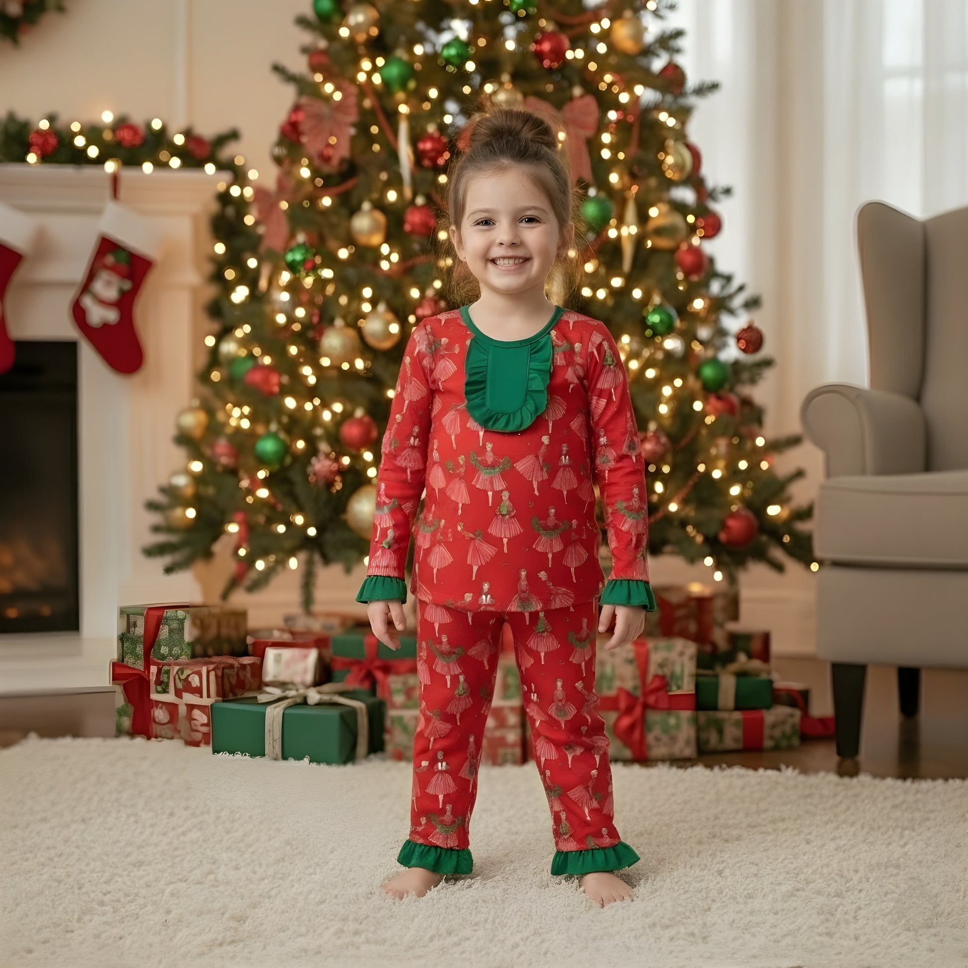 Smiling girl standing in vintage Christmas lady icons red pajama set with green ruffle trim by tree.