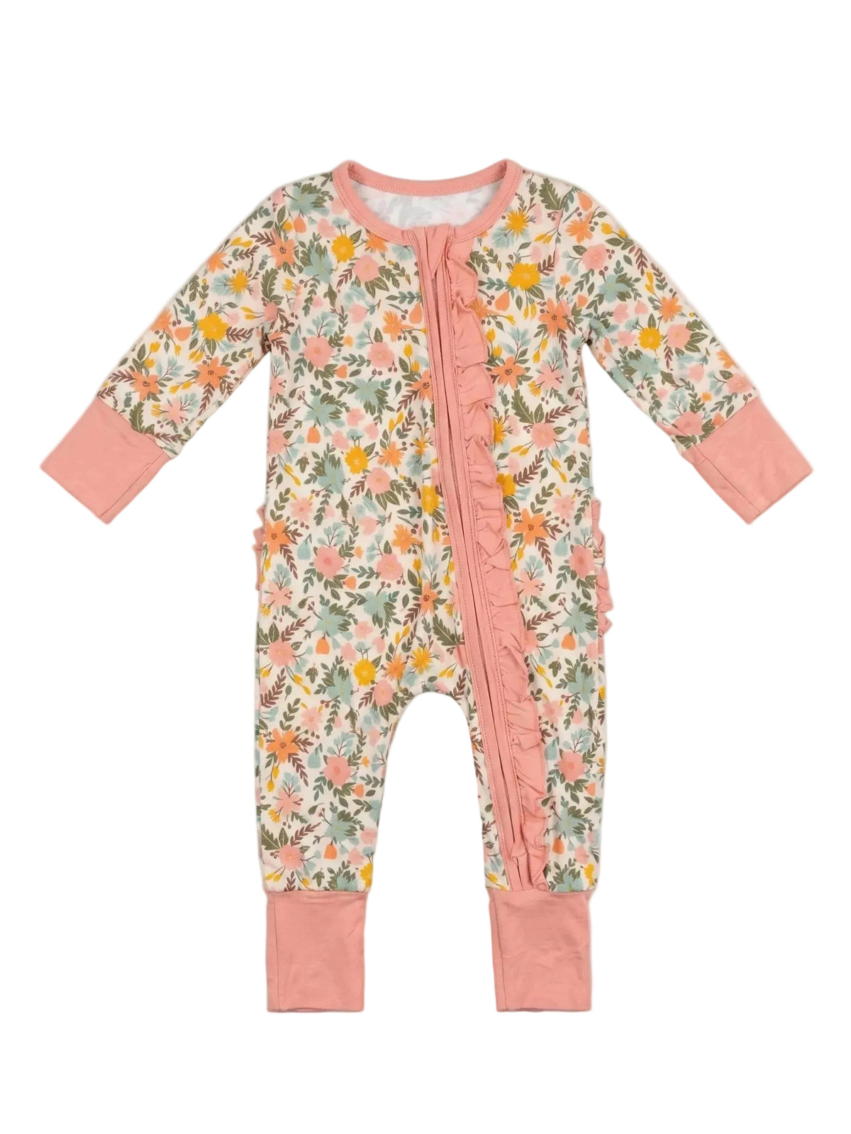 Vintage Meadow floral bamboo zip sleeper with pink ruffle trim on flat lay
