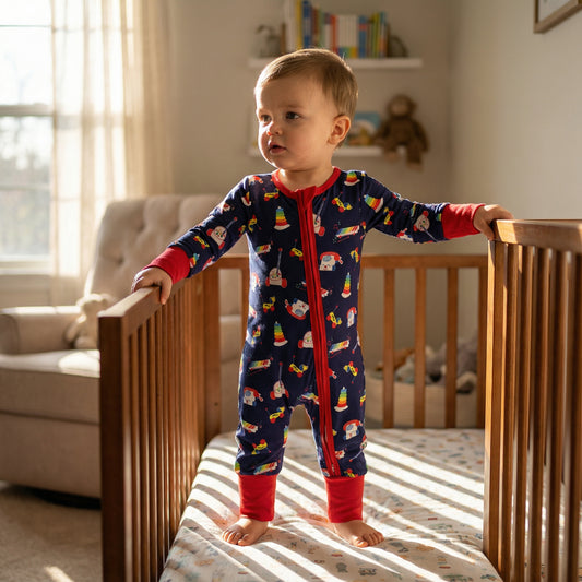Toddler boy standing in crib wearing navy zippy pajamas with vintage 80s and 90s toy print.