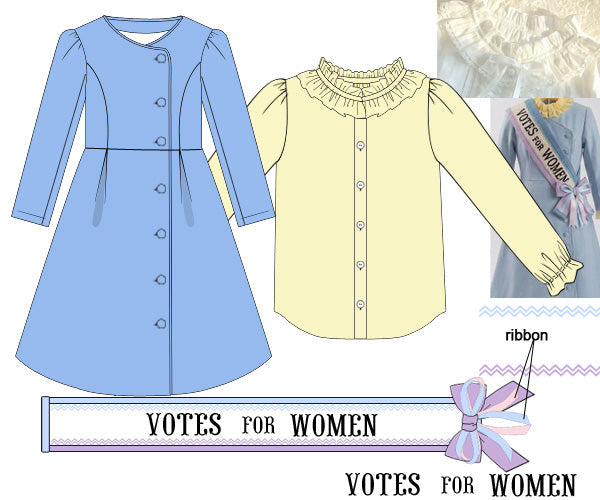 Winifred Banks 3pc kids set with baby blue coat, ruffled chiffon shirt, and Votes For Women hand-smocked sash.