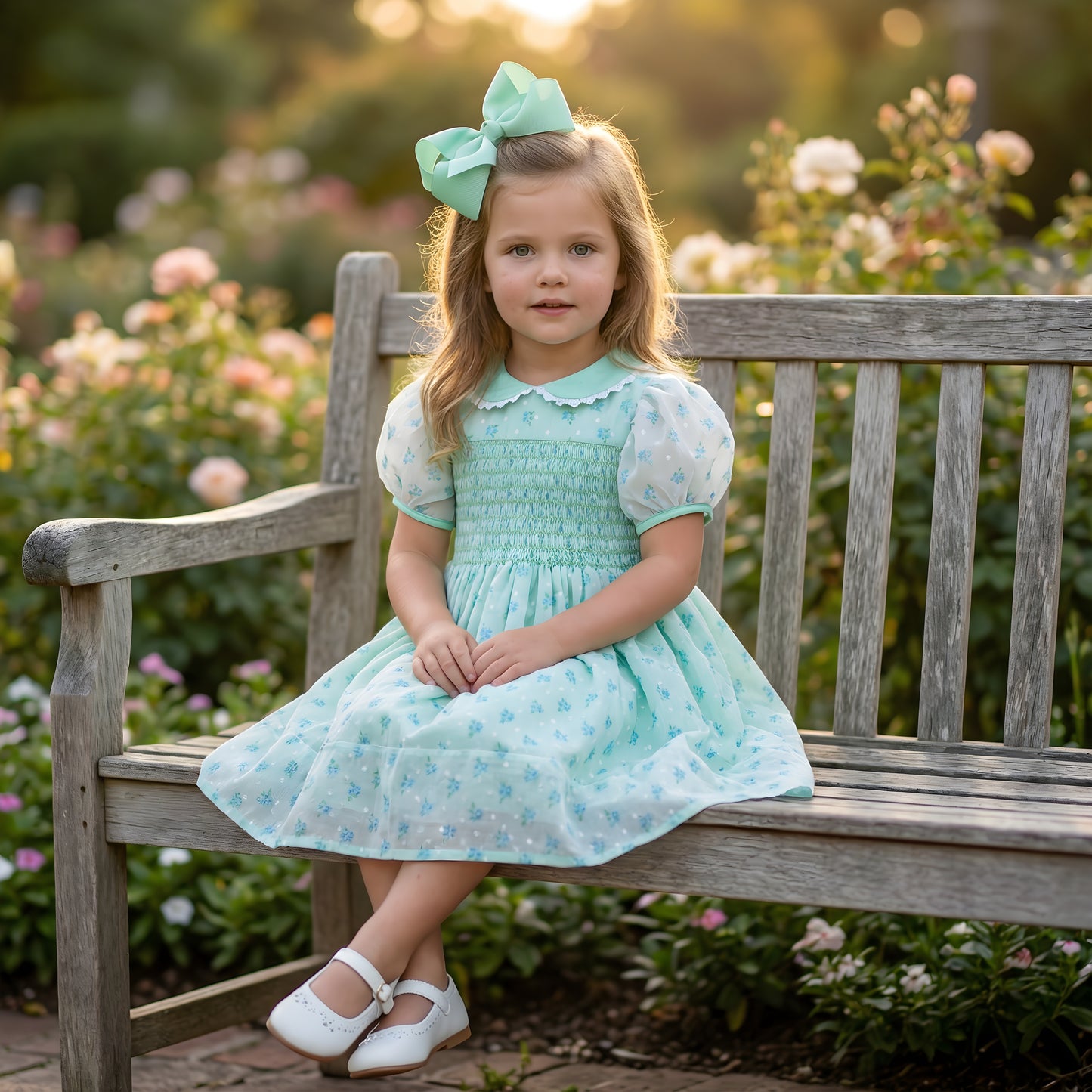 A young girl models a vintage-inspired mint green smocked dress with small blue floral patterns, white puff sleeves, and a matching large hair bow, sitting on a weathered wooden bench in a lush rose garden setting.