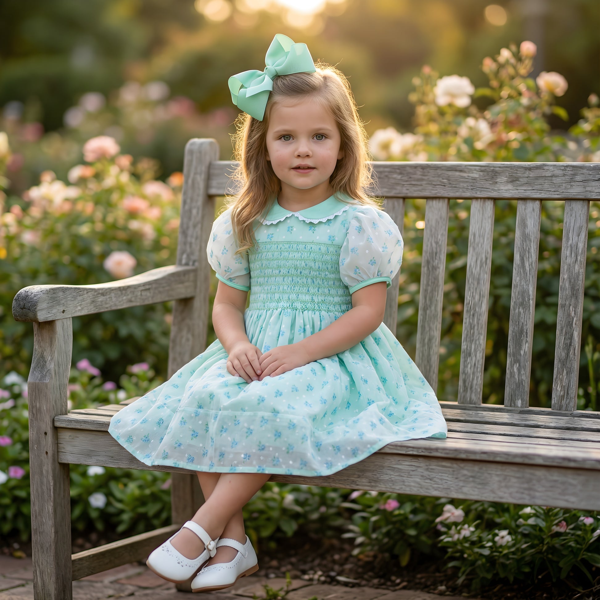 A young girl models a vintage-inspired mint green smocked dress with small blue floral patterns, white puff sleeves, and a matching large hair bow, sitting on a weathered wooden bench in a lush rose garden setting.